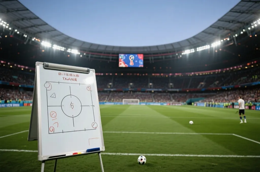 比赛夜晚的球场与战术板，突出淘汰赛紧张氛围与定位球要点