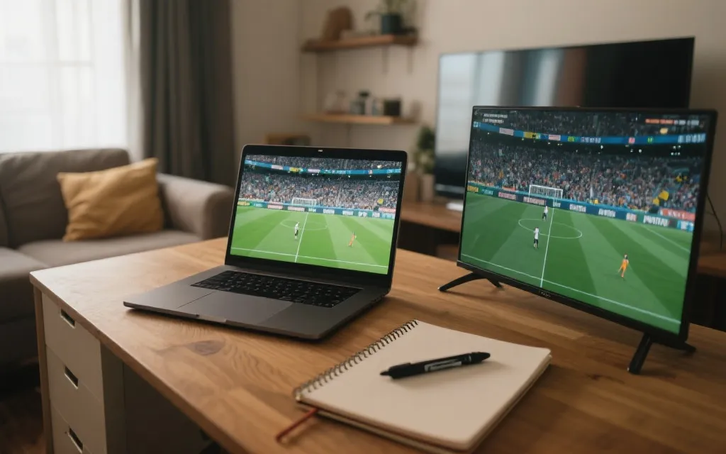 电脑与电视双屏观看比赛并做笔记复盘的居家观赛场景